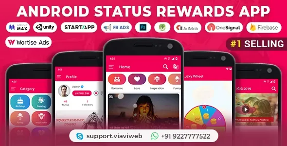 Android Status App With Reward Point (Lucky Wheel, WA Status Saver, Video, GIF, Quotes & Image) v2.0