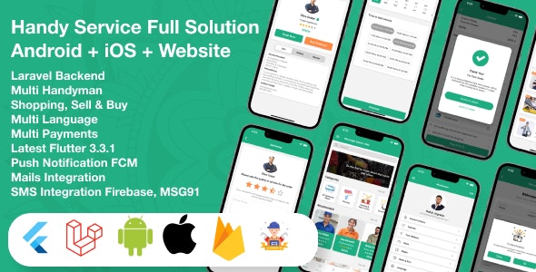 Flutter Handy service v5.0 - On-Demand Home Services & Shopping Android + iOS + Website Full Solution Laravel