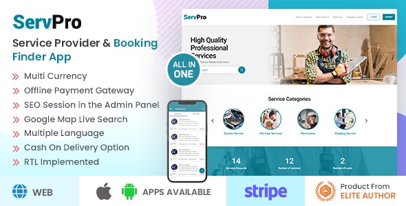 SERVPRO v1.9.9 – On Demand Nearby Service Provider & Booking Finder Application Software (Web+Android+iOS)