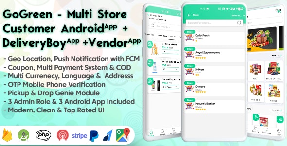 GoGreen v1.9 - Food, Grocery, Pharmacy Multi Store(Vendor) Android App with Interactive Admin Panel